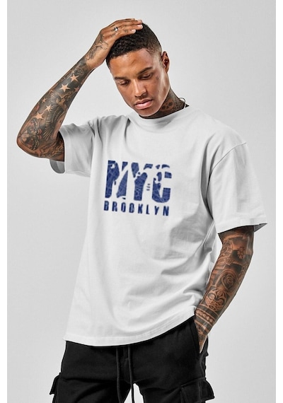 Erkek Beyaz Oversize Nyc Baskılı T-shirt Beyaz