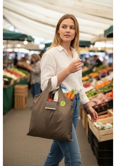 Kapsül Çanta Omuz Çantası Alışveriş Çantası Shopping Bag İnce Paraşüt Kumaş Kahverengi