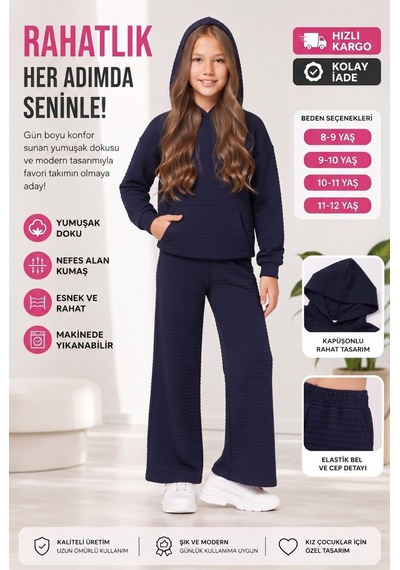 New Kids Kız Takım Çocuk Kapşonlu Uzun Kol Lcvrt Detaylı Kız Takım -91232 Lacivert