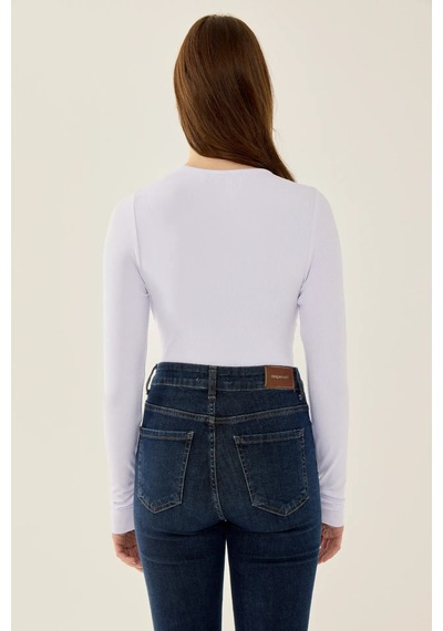 Hiccup V Yaka Uzun Kollu Slim Fit Bodysuit Tozlu Beyaz