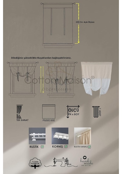 Cotton Maison Potlu Tül Perde Retro 120x200, 120 X 200, 4464, Krem Çok Renkli