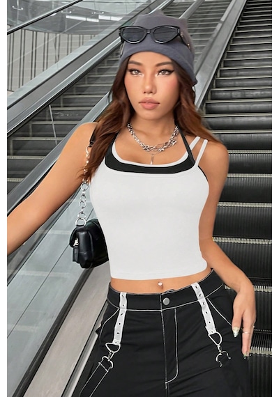 Fantezia Night Kadın Siyah Beyaz Çift Renk Çapraz Askılı Crop Top Bluz