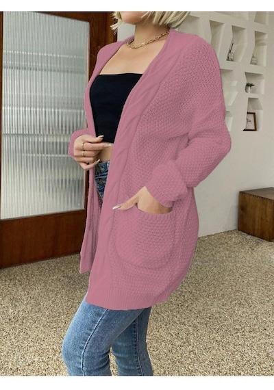 Aqe Fashion Örgü Şeritli Rahat Kalıp Esnek Cepli Kadın Pudra Triko Hırka Pudra