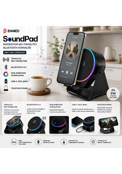 Soundpad 5ın1 - 5w - 2000mah Temas İle Ses Yükseltme - Telefon Stand - Usb-c Şarj Siyah İndiksiyon Ses Yükseltici Bluetooth Hoparlör Speaker Ekd-s10 5580