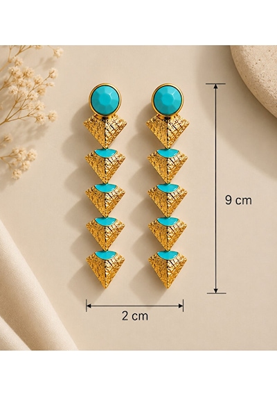 Geometrik Tasarım Taş Detaylı Sallantılı Küpe Turkuaz