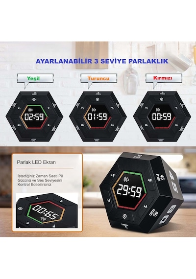 Altıgen Dijital Geri Sayım Zamanlayıcı Led Ekranlı, Manyetik, Mutfak & Ofis Kullanımı