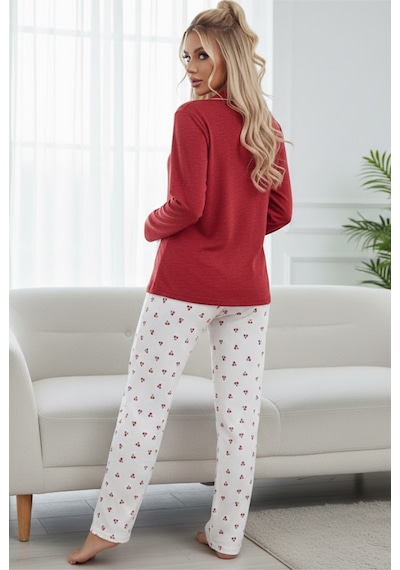 Siyah İnci Cepli Bürümcük-krınkıl Uzun Kollu Düğmeli Örme Pijama Takım 7991 Ekru Kiraz