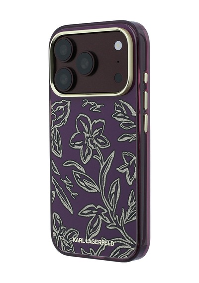 Apple iPhone Uyumlu 18 Pro Max Kılıf Karl Lagerfeld Lisanslı M-safe Gold Kamera Çerçeve Çiçek Tasarım Kapak Bordo