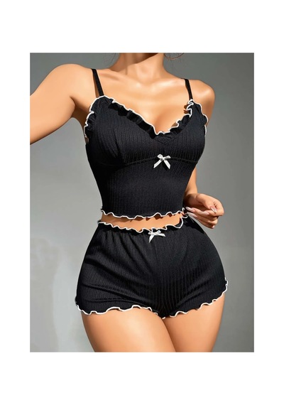 Kadın Siyah Fitilli Askılı Şortlu Pijama Takım 5042