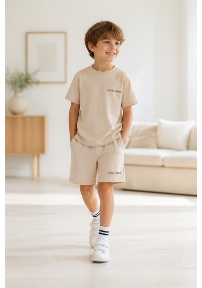 Eray Alp Kids Unisex Çocuk Bej Tişört Şort Takımı Yazlık Günlük Model