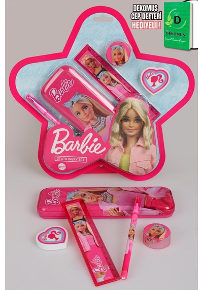X Dekomus Lisanslı Barbie Yıldız Tasarımlı 5'li Kırtasiye Seti Metal Kalem Kutusu,cetvel,kalem Açık Gri