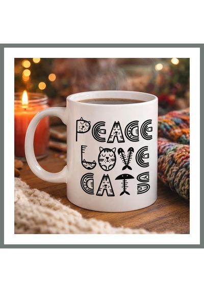 Bezos Peace Love Cats Sevimli Kedi Desenli Porselen Kupa Model 60 Kahve & Çay Kupası Mmbz Diğer