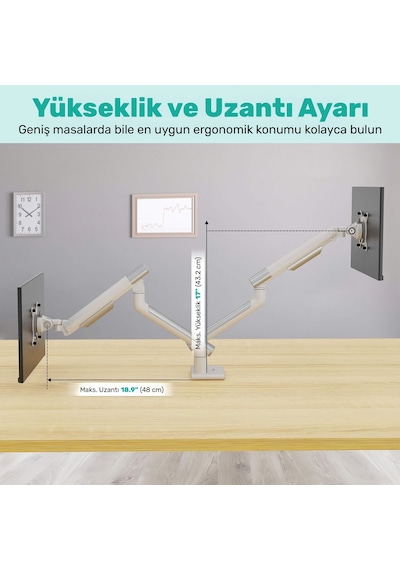 Npo Std49024w Elysium 17"-32" Ultra İnce Tasarım Alüminyum Amortisörlü Vesa Çift Kol Monitör Tutucu