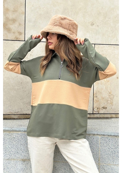 Kadın Haki Uzun Kol, Dik Yaka, Fermuarlı, Double Color Block Basic Sweatshirt Bluz Haki