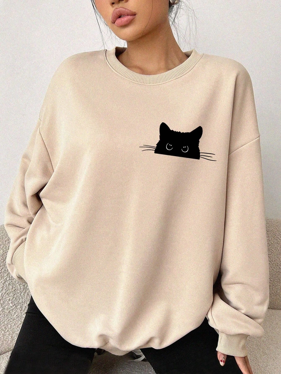 Afri Ekru Oversize Geniş Kalıp 3 İplik Şardonlu Sweatshirt Bisiklet Yaka Kedili Baskılı Kalın Sweat Ekru