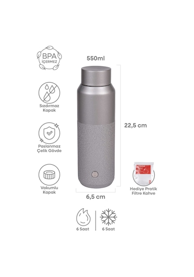 Gümüş Rengi Paslanmaz Çelik Metal Matara 550 ML Kapaklı No:98