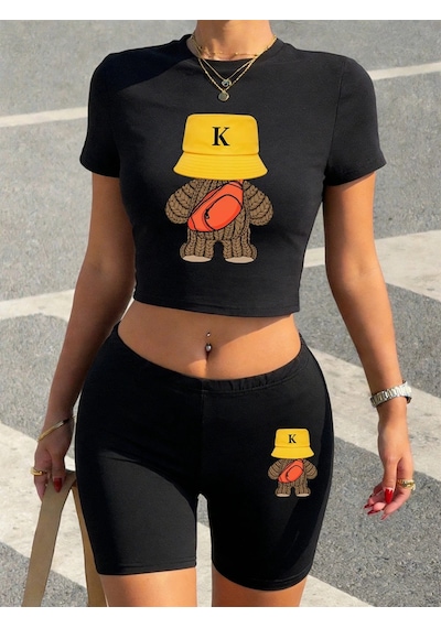 Tarzsokak Yaz Spor Yünlü Ayı Baskılar Kırpma T-shirt Şort Kadın Seksi İki Parçalı Set Üstleri Pantolon Siyah Tarzsokak Yaz Spor Yünlü Ayı Baskılar Kırpma T-shirt Şort Kadın Seksi İki Parçalı Set Üstleri Pantolon Siyah