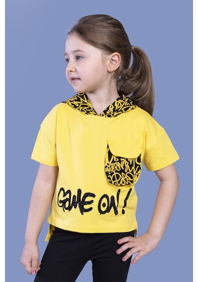 Toontoy Kids Toontoy Kız Çocuk Cep Detaylı Kapüşonlu Baskılı Tişört Sarı