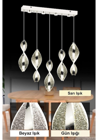 İstanbul Avize Mars 5'li Yemek Masası Gümüş Kumandalı Led 3 Renk Modern Ledli Avize
