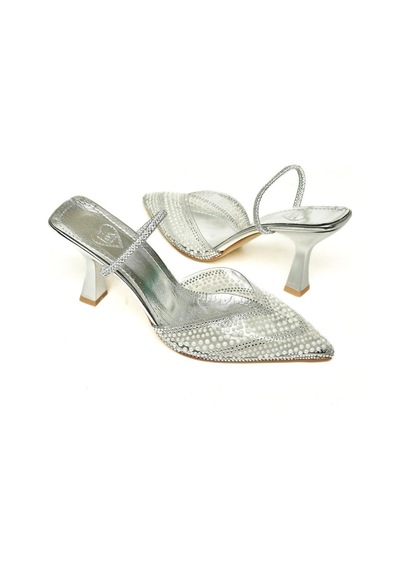 Fox Shoes U614277609 Gümüş İnci Detaylı Topuklu Ayakkabı Gümüş