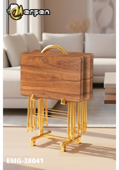 Eranş Serisi 4'lü Katlanır Mdf Mebran Ahşap Çanta Zigon Sehpa Gold Ayak Ceviz Gold Ayak