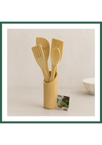 Bezos Ahşap Bambu Mutfak Servis Seti 5 Parça Kaşık, Çatal, 2 Spatula, Stand 27.5/30 Cm Bzs01