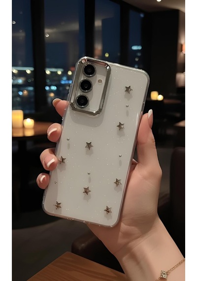 Samsung Uyumlu Galaxy S24 Fe Kılıf Kabartmalı Desenli Simli Şeffaf A+ Kalite Kapak