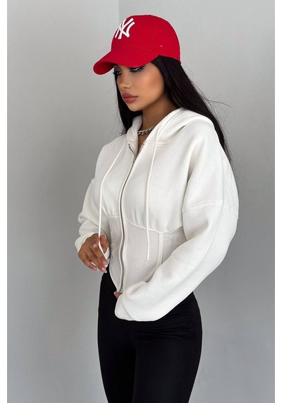Kadın Siyah Fermuarlı Hoodie Minimal Sokak Ruhuyla Beyaz