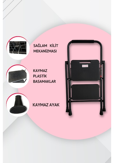 Portalife 2 Basamaklı Uzun Tutacaklı Şık Siyah Çelik Merdiven 100 Cm'ye Kadar