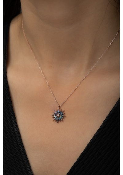 Renkli Taşlı Güneş Kolye, Rodyum Kalemli Rose Gold Kaplama 925 Ayar Gümüş