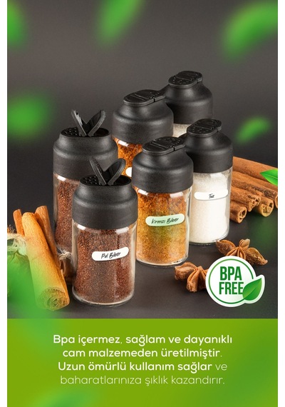 Vienev 6'lı Çift Kapaklı Cam Baharatlık Seti 110 Ml Siyah