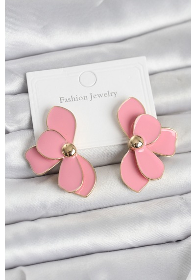 Pembe Mineli Lotus Model Pirinç Kadın Küpe - Pembe