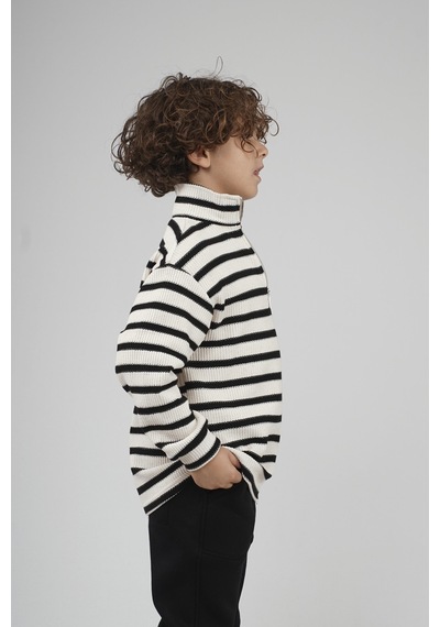 King-Brich Kingbrich Kids Oversize Kalıp Çizgili Yakası Fermuarlı Sweatshirt SIYAH