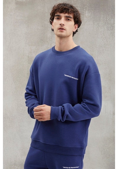 Grimelange Raırok Erkek Içi Polarlı Comfort Oversize Nakışlı Lacivert Sweatshirt
