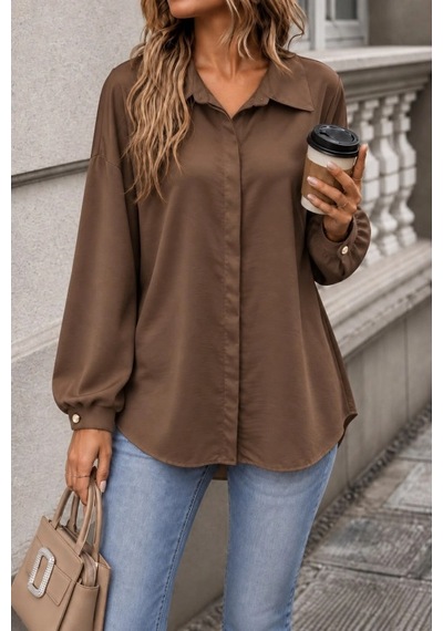 DefyModa Kadın Kahverengi Oversize Gömlek