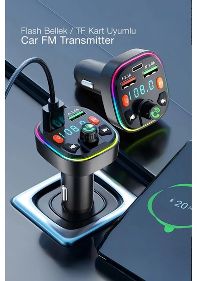 Bluetooth Araç Çakmaklık Fm Transmitter Işıklı Mp3 Çalar Type-c Hızlı Şarj Araç Şarj Cihazı