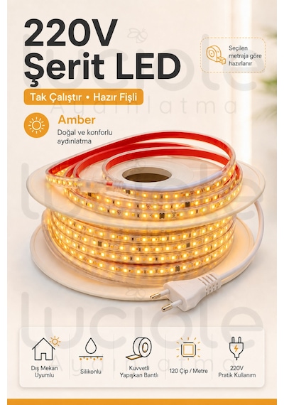 3 Metre 220v Amber Şerit Led Hazır Fişli Tak Çalıştır Silikonlu Yapışkanlı Dış Mekan