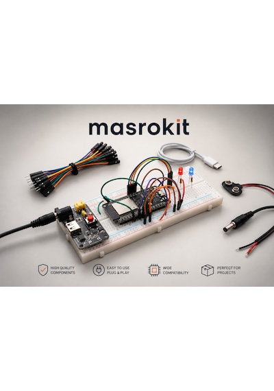 MASROKİT ESP32-D WiFi + Bluetooth Geliştirme Kartlı Eğitim Kiti (Breadboard + Jumper + Kablo+ Güç Modülü)
