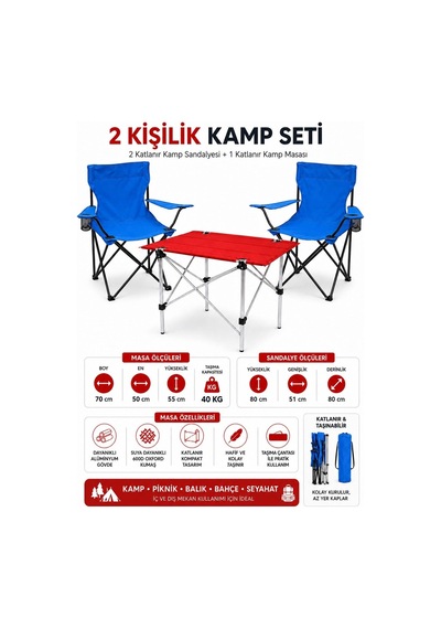 2 Sandalyeli Katlanır Kamp Seti Masa Ve Sandalye Takımı Mavi