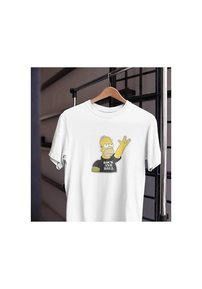 Tarzsokak Unısex Kadın Erkek Rock And Roll Homer Simpson Fox %100 Pamuk Siyah Beyaz T-shirt