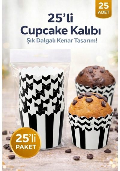 Cupcake Kalıbı & Kek Kapsülü & Muffin Kek Kalıbı & 25 Adet - Siyah Beyaz Kek Kalıbı Beyaz