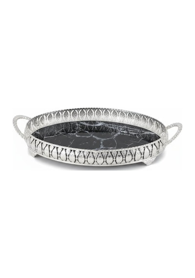 3 Adet Gümüş Renk Mermer Desen Metal Çerçeveli Cam Tepsi - 28x19 Cm Gümüş