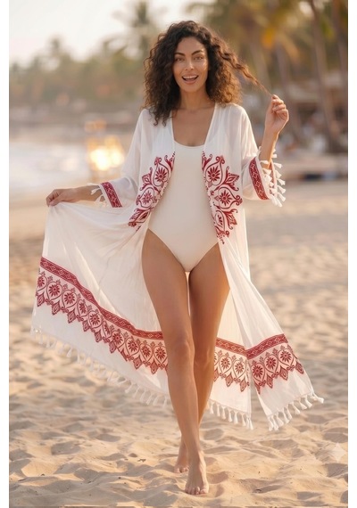 Rovebella Rosso Mandala Desenli Uzun Kimono Beyaz