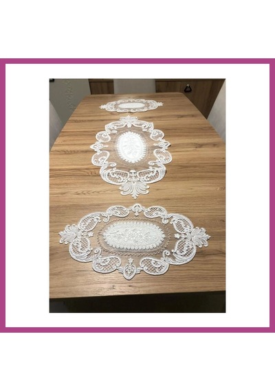 Gees Global Salon Oda Takımı Dantelli Runner Set Üç Parça Gbzs Çok Renkli