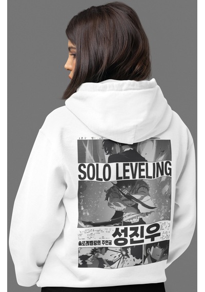 Sevbano Solo Leveling Arise Anime Sırt Baskılı Unisex Oversize Penye Hood beyaz