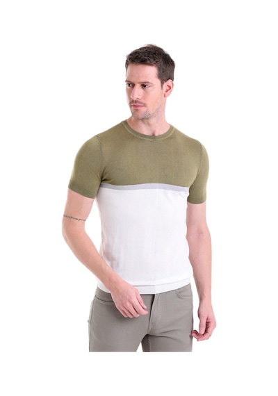 Hatemoğlu Olive Slim Fit Desenli Bisiklet Yaka Tişört Beyaz - Haki