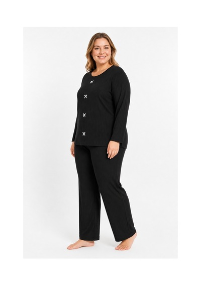 Sleeproom Büyük Beden Kadın Kaşkorse Mevsimlik Siyah Pijama Takımı