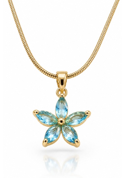 Mavi Taşlı Lotus Çiçeği Kolye Çelik Gold, Mavi