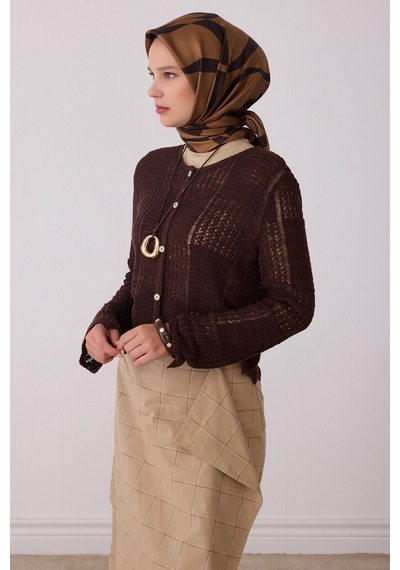 Belli Soyut Desen %100 Twill İpek Eşarp Be29 Kahverengi-hardal