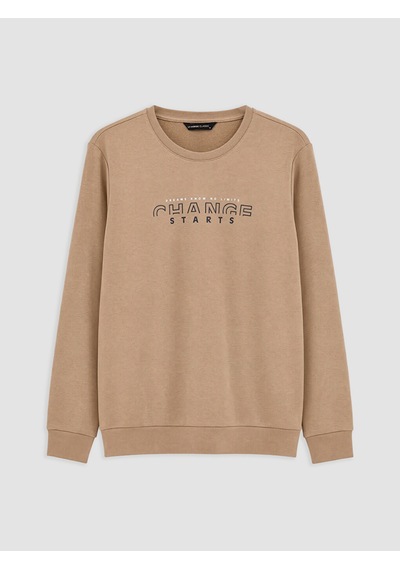 Lcwaıkıkı Classic Bej Bisiklet Yaka Baskılı Sweatshirt